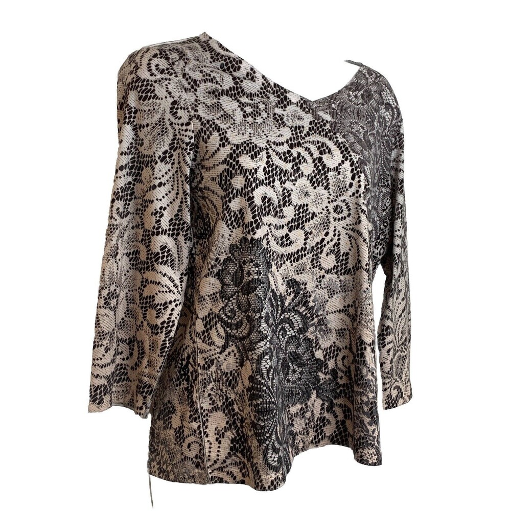 Chico's Blouse Lace Print Victorian Black White  0 4 S (09)